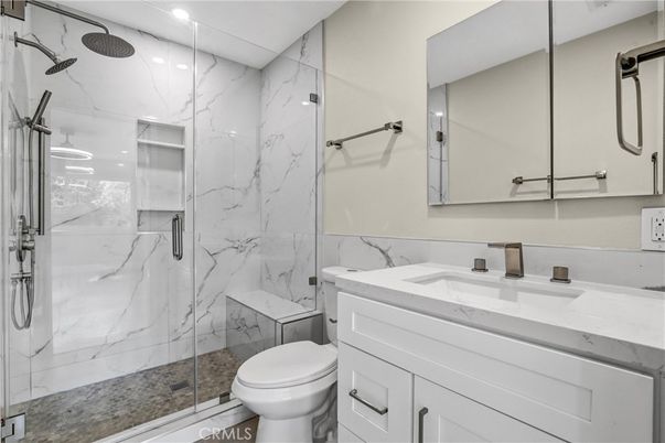 Bathroom, Glass Shower, Interior, Marble Walls, Recessed Lighting