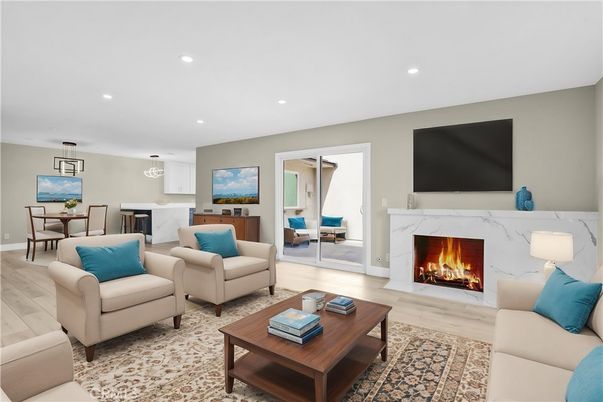 Dining room, Fireplace, Interior, Living room, Pendant Lights, Recessed Lighting, Wood Texture Flooring