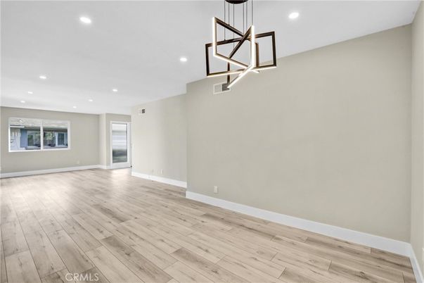 Empty room, Interior, Pendant Lights, Recessed Lighting, Wood Texture Flooring