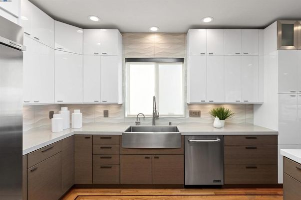 Interior, Kitchen, Recessed Lighting, Stainless Steel Appliances, Wood Texture Flooring