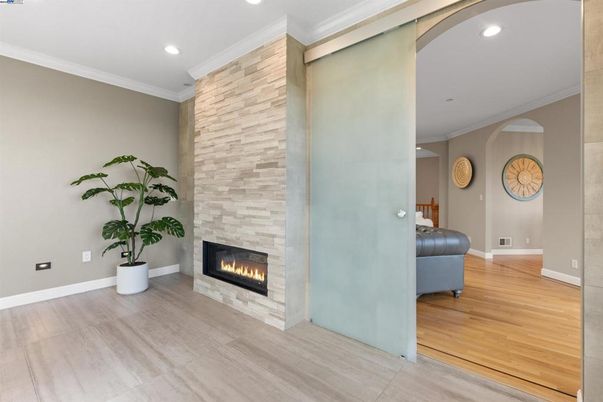 Fireplace, Interior, Recessed Lighting, Wood Texture Flooring
