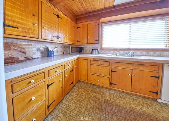 Interior, Kitchen, Tile Countertops, Wooden Ceilings