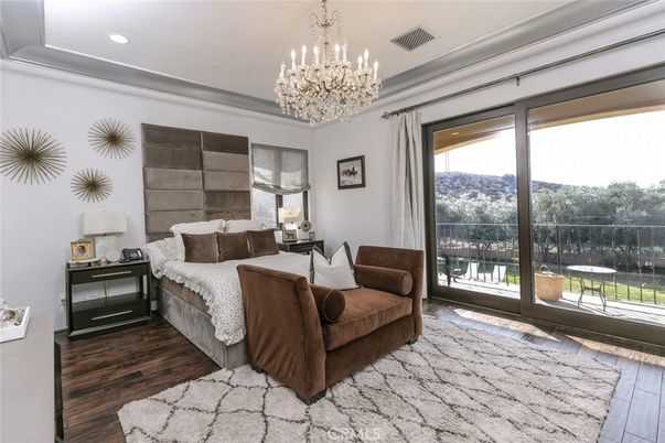 Bedroom, Chandelier, Interior, Recessed Lighting, Wood Texture Flooring