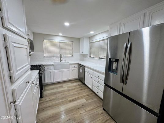 Interior, Kitchen, Recessed Lighting, Stainless Steel Appliances, Wood Texture Flooring