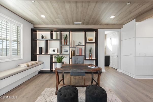 Home Office, Interior, Recessed Lighting, Wooden Ceilings, Wood Texture Flooring