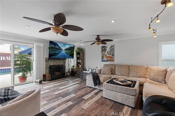 Fireplace, Interior, Living room, Recessed Lighting, Wood Texture Flooring