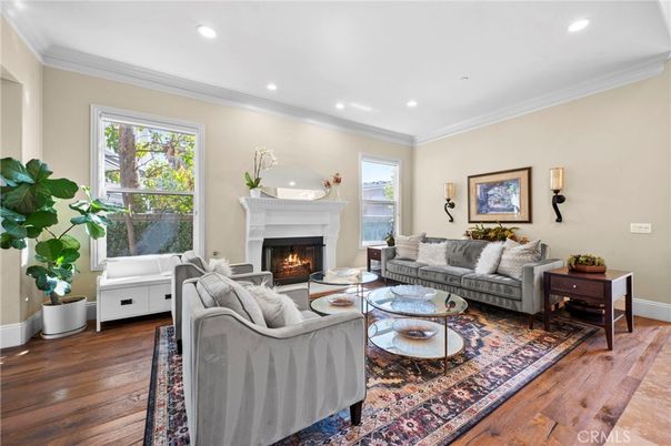 Fireplace, Interior, Living room, Recessed Lighting, Wood Texture Flooring