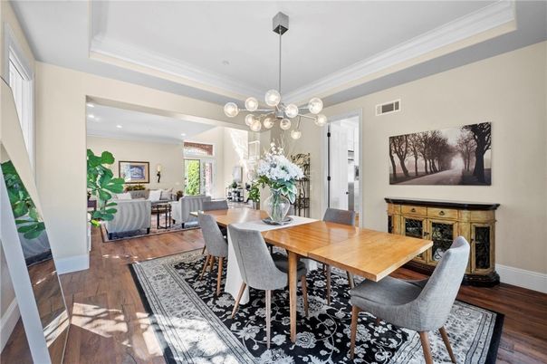 Dining room, Interior, Living room, Pendant Lights, Recessed Lighting, Wood Texture Flooring