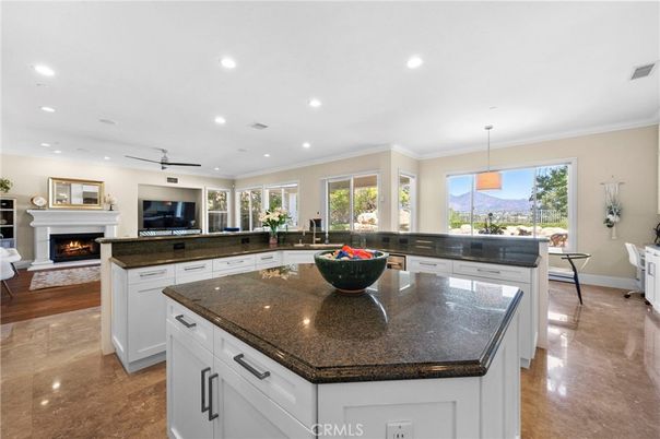 Fireplace, Interior, Kitchen, Living room, Pendant Lights, Recessed Lighting