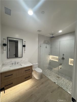 Bathroom, Glass Shower, Interior, Recessed Lighting, Wood Texture Flooring