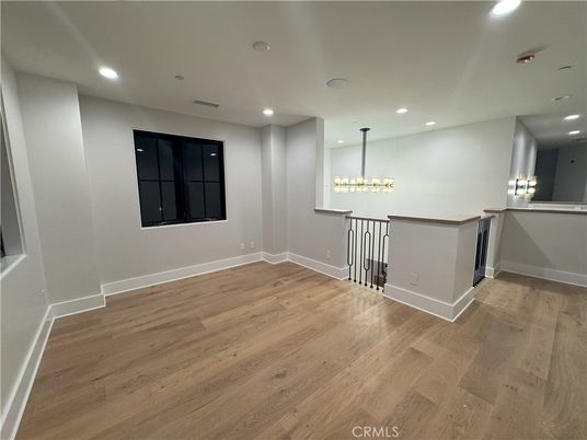 Chandelier, Empty room, Interior, Recessed Lighting, Wood Texture Flooring