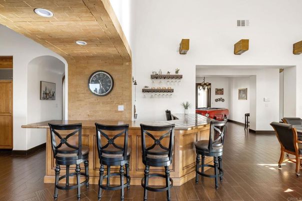 Interior, Pendant Lights, Recessed Lighting, Stone Walls, Wood Texture Flooring