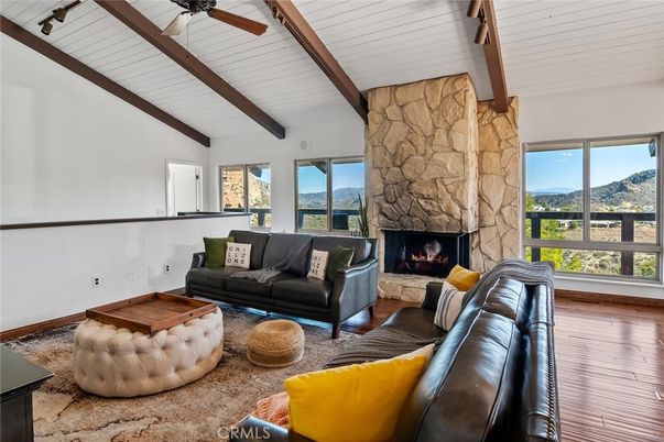 Fireplace, Interior, Living room, Stone Walls, Wooden Beams, Wood Texture Flooring