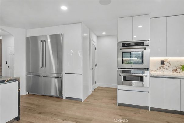 Interior, Kitchen, Recessed Lighting, Stainless Steel Appliances, Wood Texture Flooring