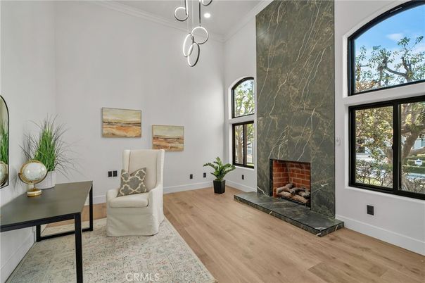Fireplace, Interior, Marble Walls, Pendant Lights, Wood Texture Flooring