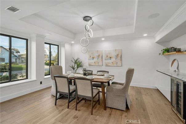 Dining room, Interior, Pendant Lights, Recessed Lighting, Wood Texture Flooring