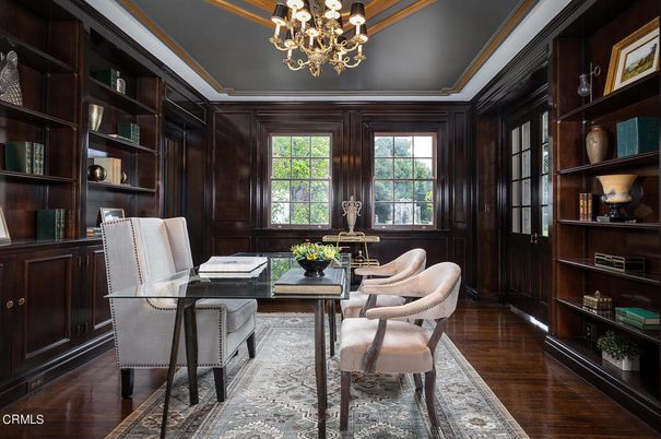 Chandelier, Home Office, Interior, Wood Texture Flooring, Wooden Walls