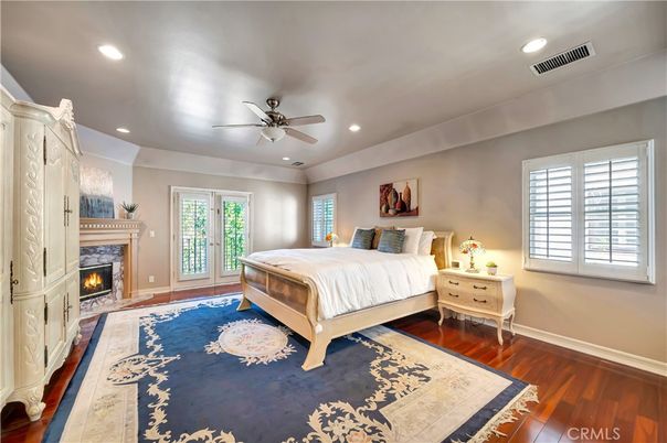 Bedroom, Fireplace, Interior, Recessed Lighting, Wood Texture Flooring