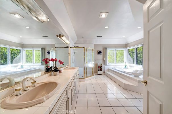 Bathroom, Dual Sink Vanities, Glass Shower, Interior, Recessed Lighting, Tile Countertops