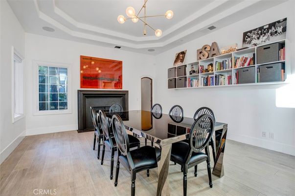 Dining room, Fireplace, Interior, Pendant Lights, Wood Texture Flooring