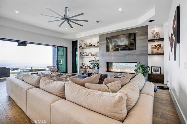 Fireplace, Interior, Living room, Recessed Lighting, Wood Texture Flooring