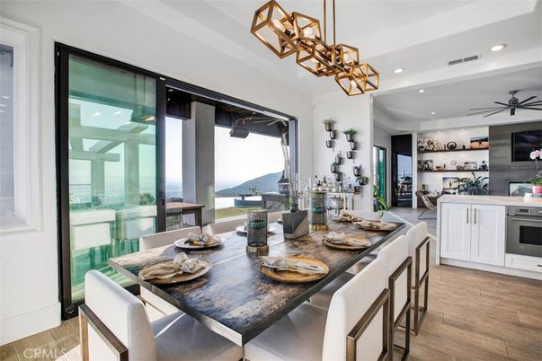 Chandelier, Dining room, Interior, Pendant Lights, Recessed Lighting, Wood Texture Flooring