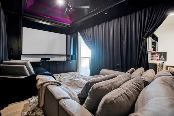 Interior, Projection Screen, Recessed Lighting, Theatre Room, Wood Texture Flooring