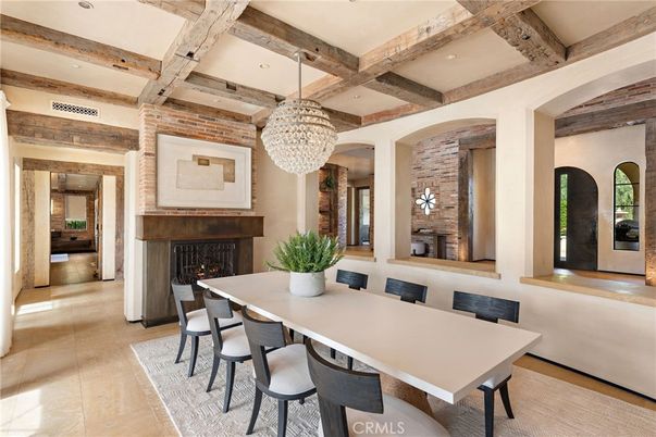 Chandelier, Dining room, Fireplace, Interior, Recessed Lighting, Wooden Beams