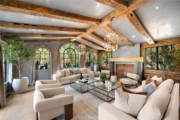 Chandelier, Fireplace, Interior, Living room, Recessed Lighting, Wooden Beams