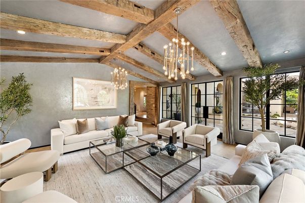 Chandelier, Interior, Living room, Recessed Lighting, Wooden Beams