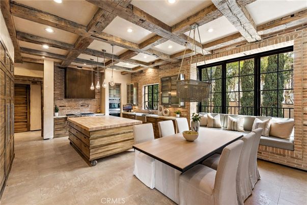 Dining room, Interior, Kitchen, Living room, Pendant Lights, Recessed Lighting, Stainless Steel Appliances, Stone Walls, Wooden Beams