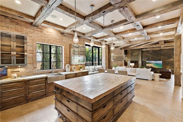 Interior, Kitchen, Living room, Pendant Lights, Recessed Lighting, Stainless Steel Appliances, Stone Walls, Wooden Beams
