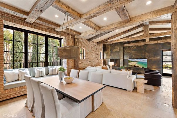 Dining room, Fireplace, Interior, Living room, Pendant Lights, Recessed Lighting, Stone Walls, Wooden Beams