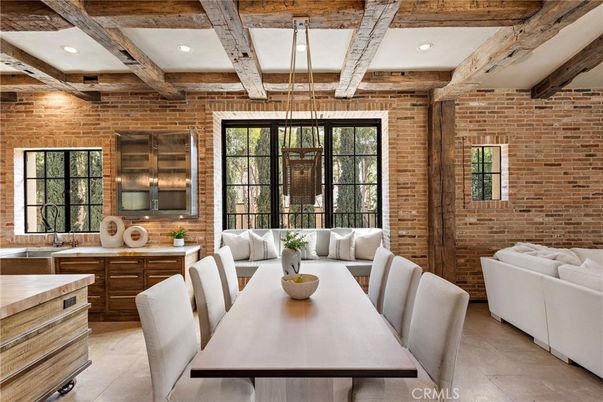 Dining room, Interior, Living room, Recessed Lighting, Stone Walls, Wooden Beams
