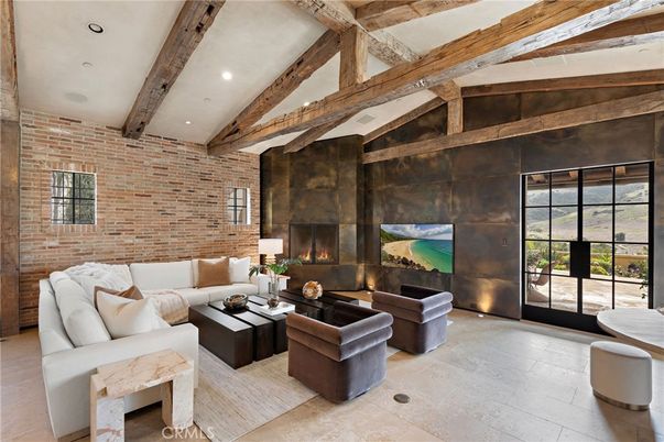 Fireplace, Interior, Living room, Recessed Lighting, Stone Walls, Wooden Beams