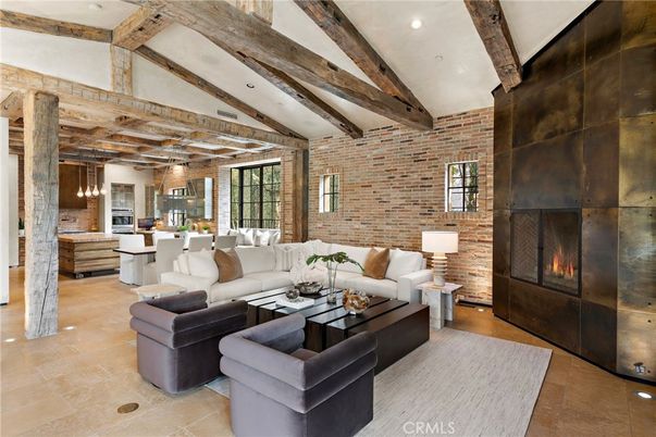 Dining room, Fireplace, Interior, Kitchen, Living room, Pendant Lights, Recessed Lighting, Stone Walls, Wooden Beams