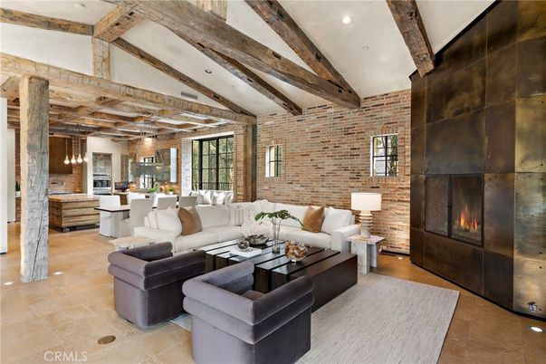 Dining room, Fireplace, Interior, Kitchen, Living room, Pendant Lights, Recessed Lighting, Stone Walls, Wooden Beams