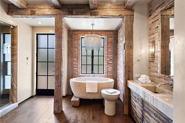 Bathroom, Free Standing Baths, Interior, Recessed Lighting, Stone Walls, Wooden Beams, Wooden Ceilings, Wood Texture Flooring