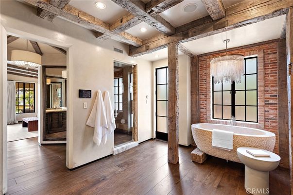 Bathroom, Free Standing Baths, Interior, Recessed Lighting, Stone Walls, Wooden Beams, Wood Texture Flooring