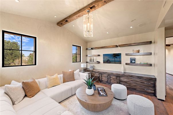 Interior, Living room, Pendant Lights, Recessed Lighting, Wooden Beams, Wood Texture Flooring