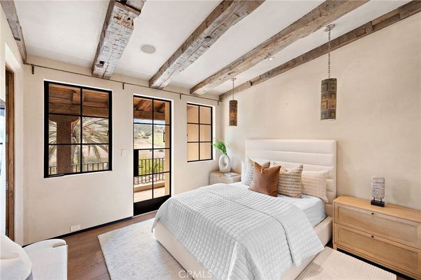 Bedroom, Interior, Pendant Lights, Wooden Beams, Wood Texture Flooring
