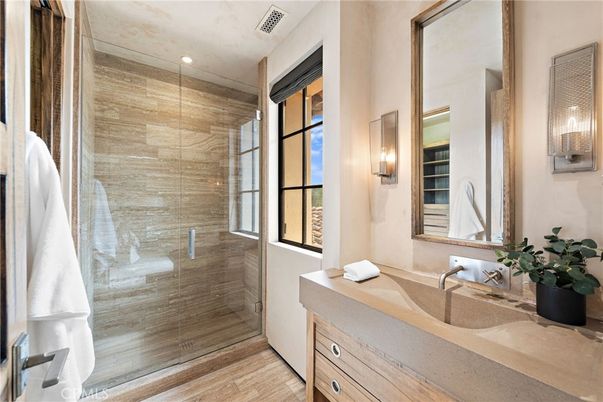 Bathroom, Glass Shower, Interior, Recessed Lighting, Wood Texture Flooring