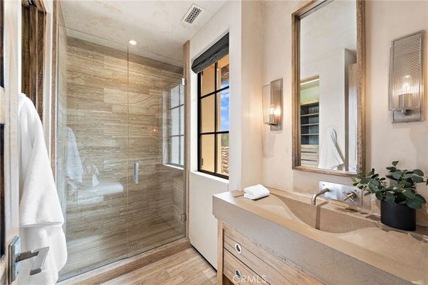 Bathroom, Glass Shower, Interior, Recessed Lighting, Wood Texture Flooring