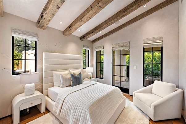 Bedroom, Interior, Recessed Lighting, Wooden Beams, Wood Texture Flooring