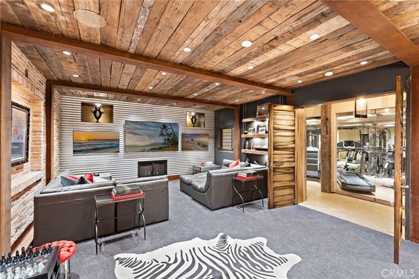 Fireplace, Interior, Living room, Recessed Lighting, Stone Walls, Wooden Beams, Wooden Ceilings