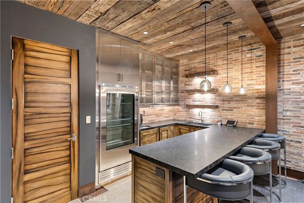 Interior, Kitchen, Pendant Lights, Recessed Lighting, Stainless Steel Appliances, Stone Walls, Wooden Ceilings, Wood Texture Flooring