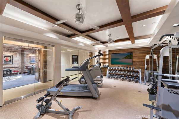 Fitness Equipment, Gym, Interior, Recessed Lighting, Stone Walls, Wooden Beams