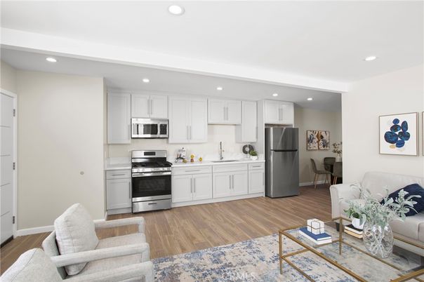 Interior, Kitchen, Living room, Recessed Lighting, Stainless Steel Appliances, Wood Texture Flooring
