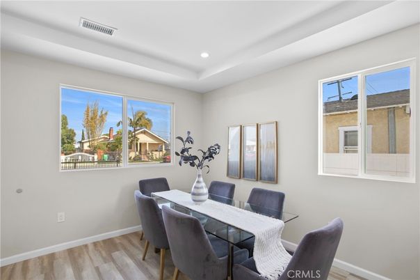 Dining room, Interior, Recessed Lighting, Wood Texture Flooring