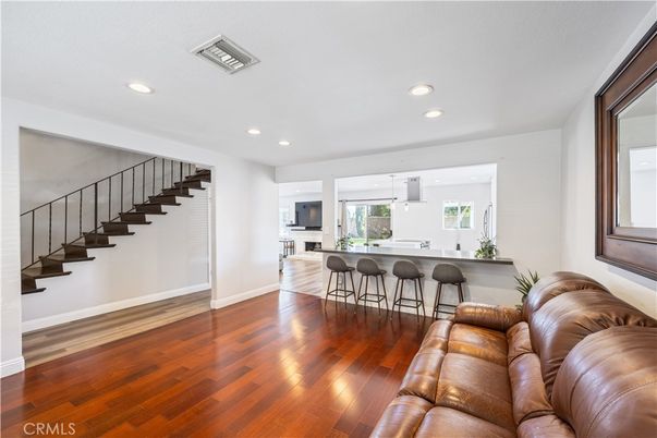 Dining room, Interior, Living room, Pendant Lights, Recessed Lighting, Wood Texture Flooring